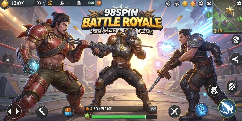 Screenshot gameplay 98SPIN dengan pertarungan seru Battle Royale.