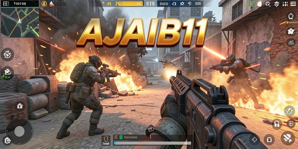 Screenshot AJAIB11 menampilkan aksi intens dalam pertempuran FPS.