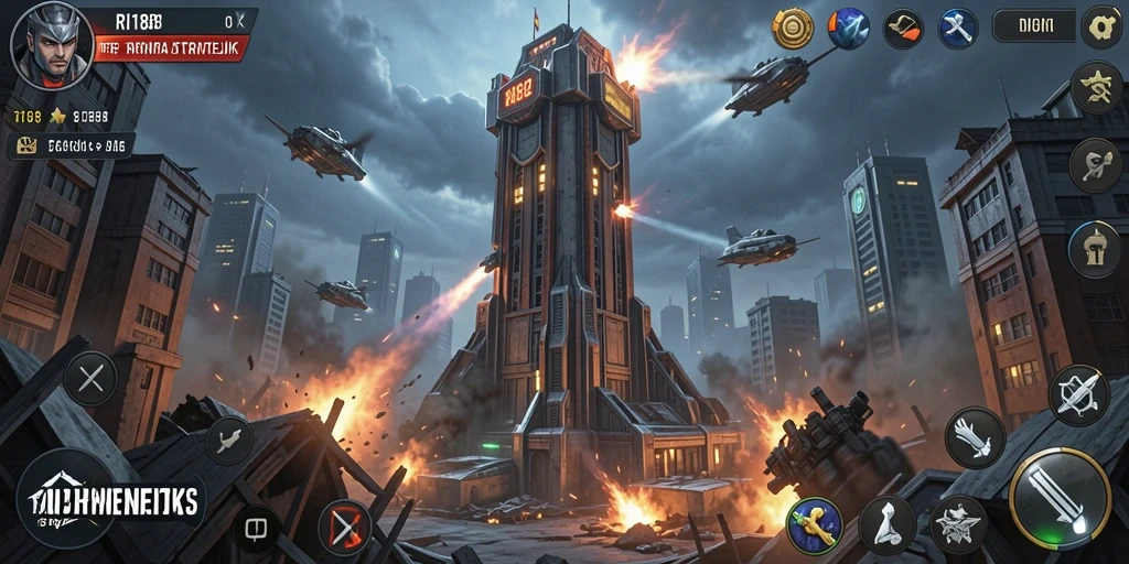 Screenshot gameplay RI188 menampilkan pertempuran menara yang intens.